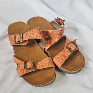 BearPaw Floral Orange Leather Sandals Cork Boho Women's Size 10